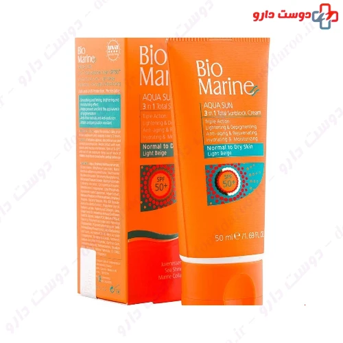 کرم ضد آفتاب روشن کننده و ضد چروک SPF50 پوست معمولی و خشک 50 میلی لیتری بایومارین