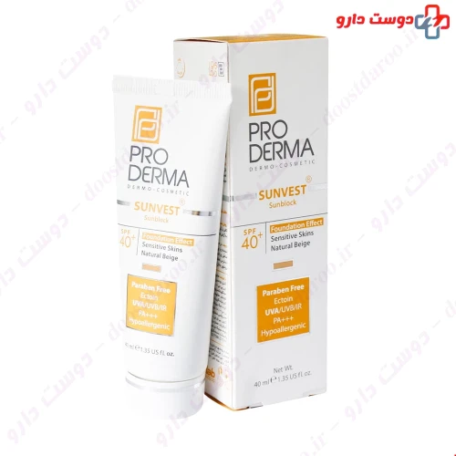 کرم ضد آفتاب SPF40 مناسب برای پوست های حساس با رنگ بژ طبیعی 40 میلی لیتری پرودرما