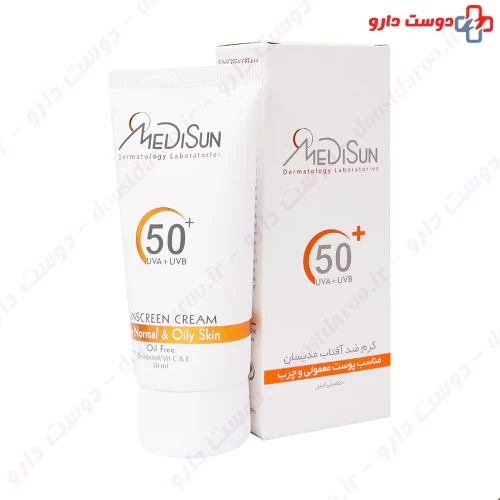 کرم ضد آفتاب بی رنگ SPF50 پوست معمولی و چرب 50 میلی لیتری مدیسان