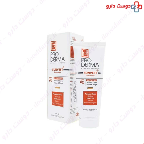کرم ضد آفتاب ضد چروک SPF90 مناسب انواع پوست رنگ بژ طبیعی 40 میلی لیتری پرودرما