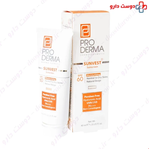 کرم ضد آفتاب SPF60 مرطوب کننده مناسب برای پوستهای معمولی و خشک با رنگ بژ طبیعی 40 میلی لیتری پرودرما